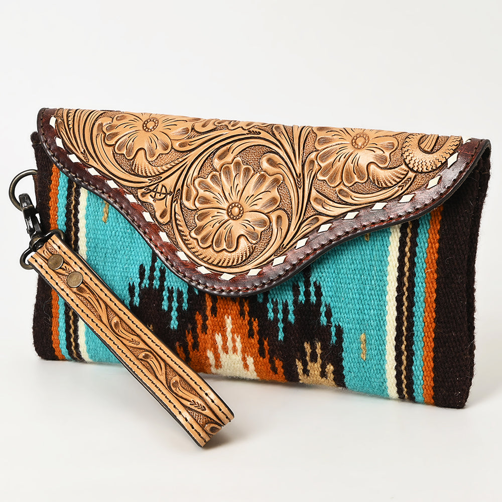 ADBG1477 American Darling Hand Tooled Leather Western Wristlet Bag with Saddle Blanket & Floral Carved Flap