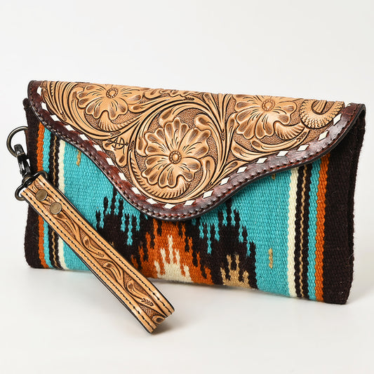 ADBG1477 American Darling Hand Tooled Leather Western Wristlet Bag with Saddle Blanket & Floral Carved Flap