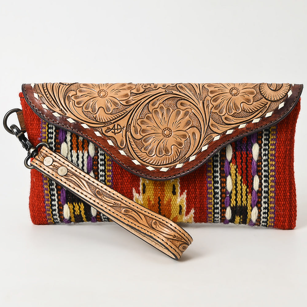 ADBG1477 American Darling Hand Tooled Leather Western Wristlet Bag with Saddle Blanket & Floral Carved Flap