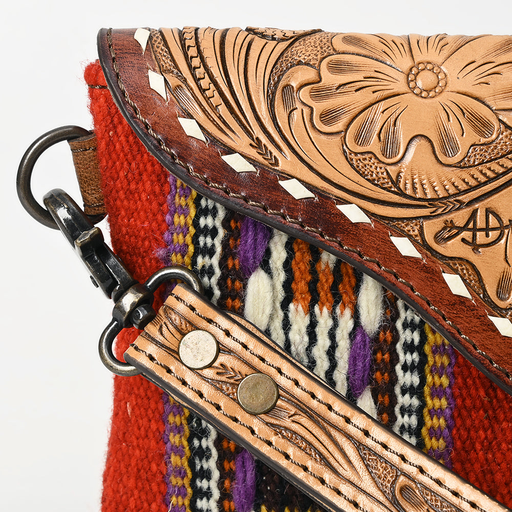 ADBG1477 American Darling Hand Tooled Leather Western Wristlet Bag with Saddle Blanket & Floral Carved Flap