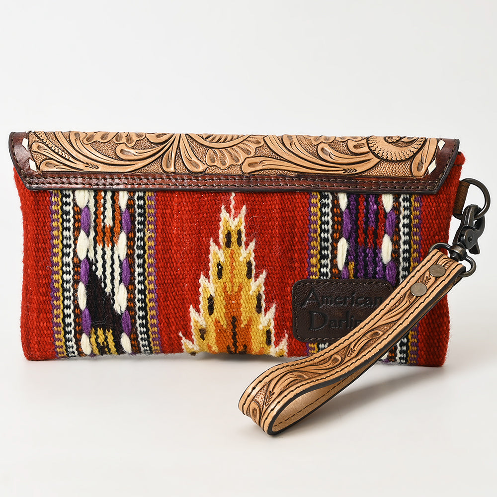 ADBG1477 American Darling Hand Tooled Leather Western Wristlet Bag with Saddle Blanket & Floral Carved Flap