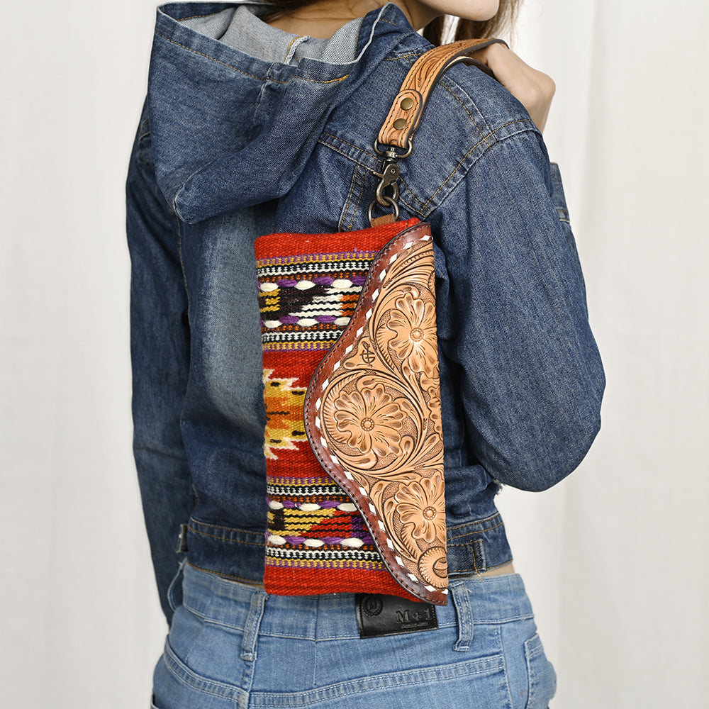 ADBG1477 American Darling Hand Tooled Leather Western Wristlet Bag with Saddle Blanket & Floral Carved Flap
