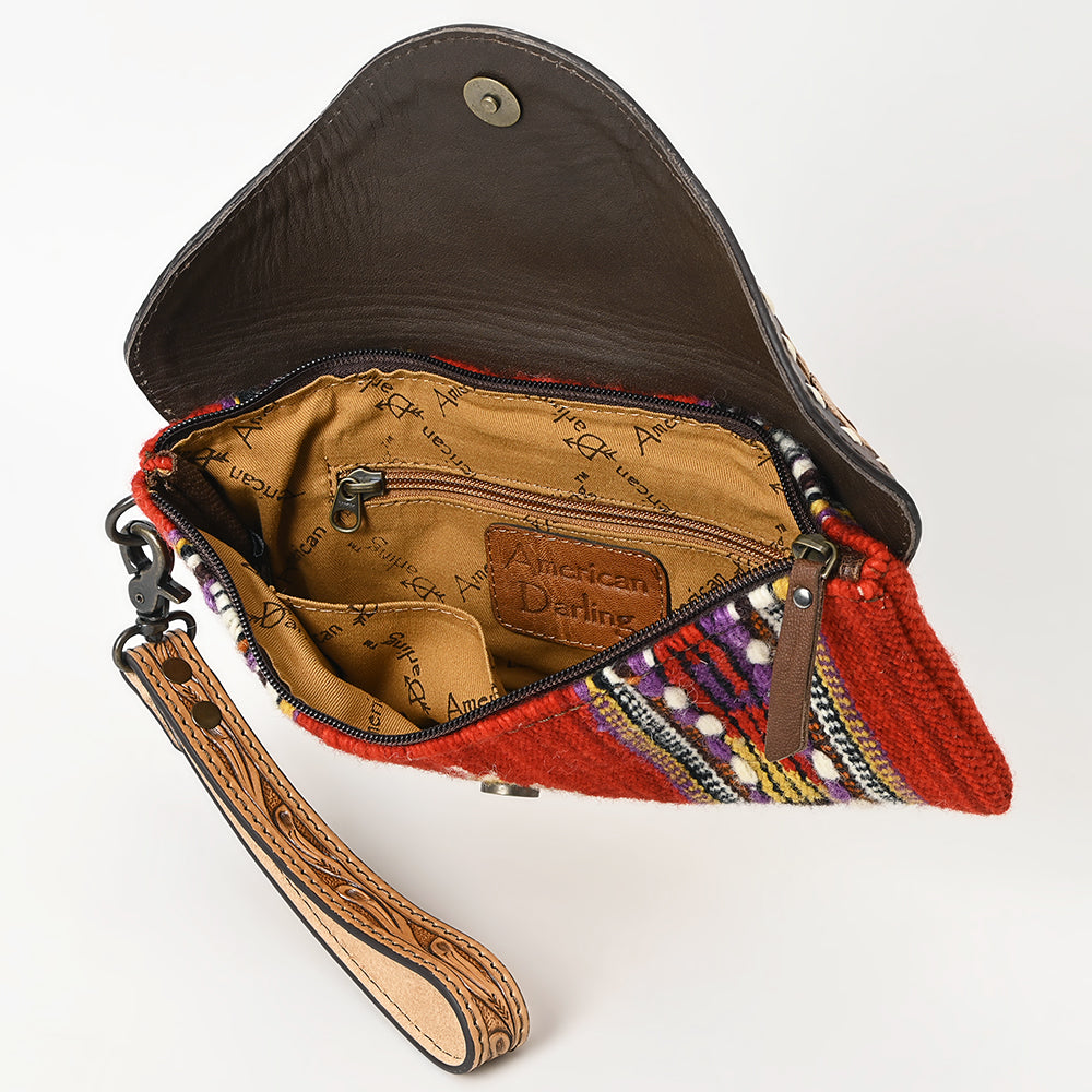 ADBG1477 American Darling Hand Tooled Leather Western Wristlet Bag with Saddle Blanket & Floral Carved Flap