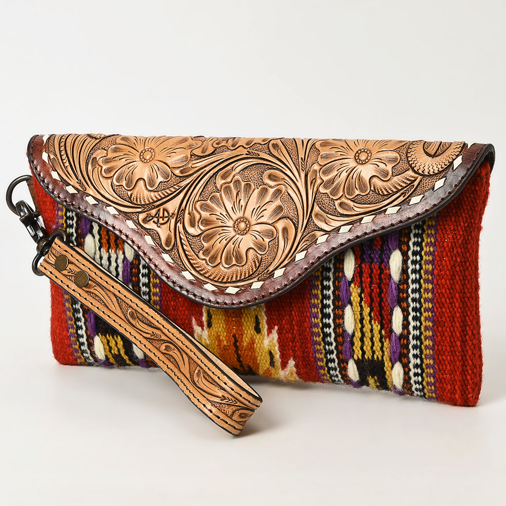 ADBG1477 American Darling Hand Tooled Leather Western Wristlet Bag with Saddle Blanket & Floral Carved Flap