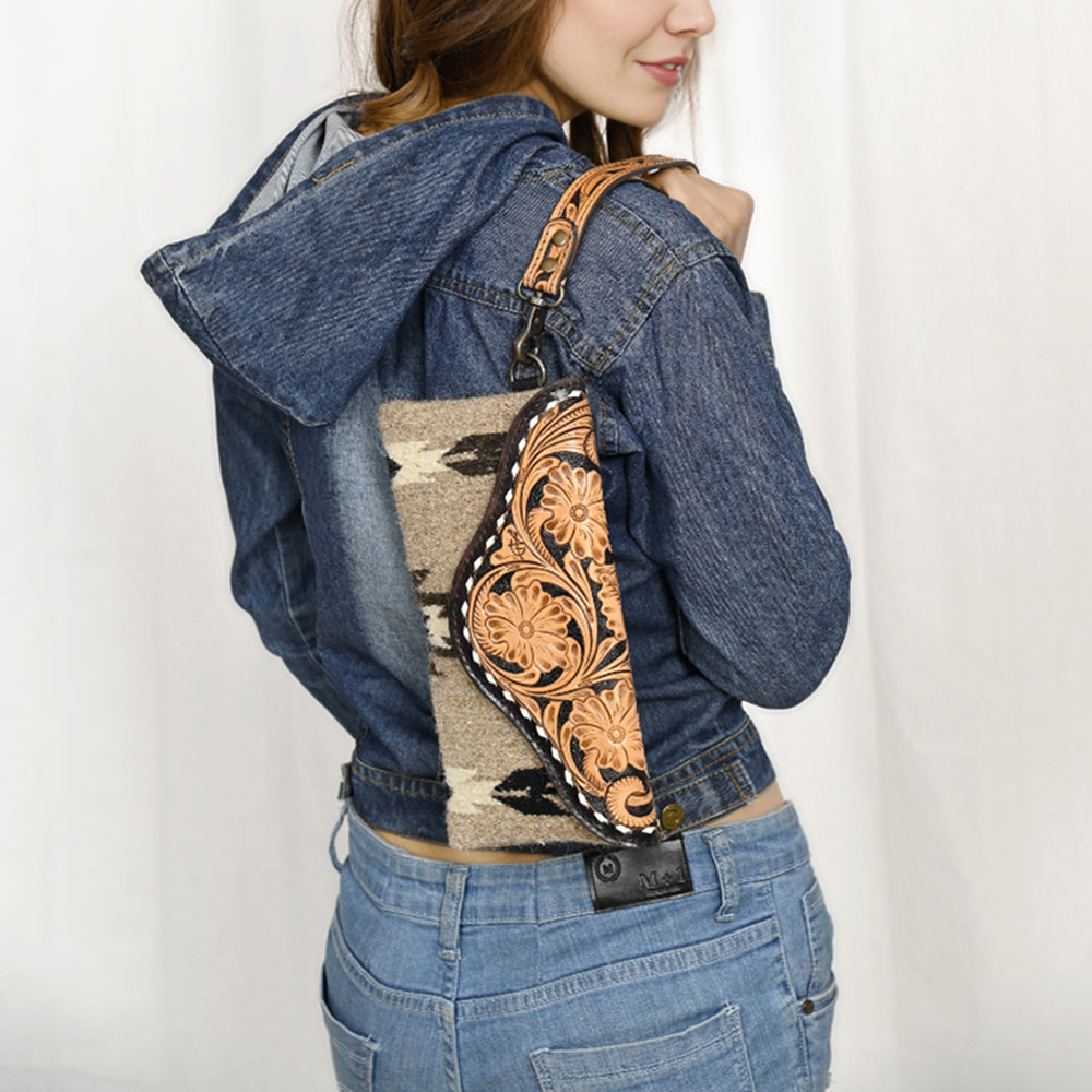 ADBG1477 American Darling Hand Tooled Leather Western Wristlet Bag with Saddle Blanket & Floral Carved Flap