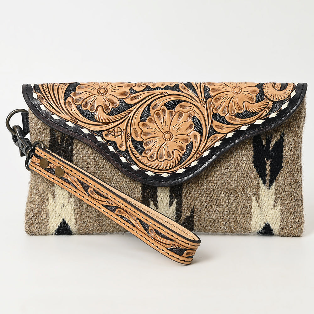 ADBG1477 American Darling Hand Tooled Leather Western Wristlet Bag with Saddle Blanket & Floral Carved Flap