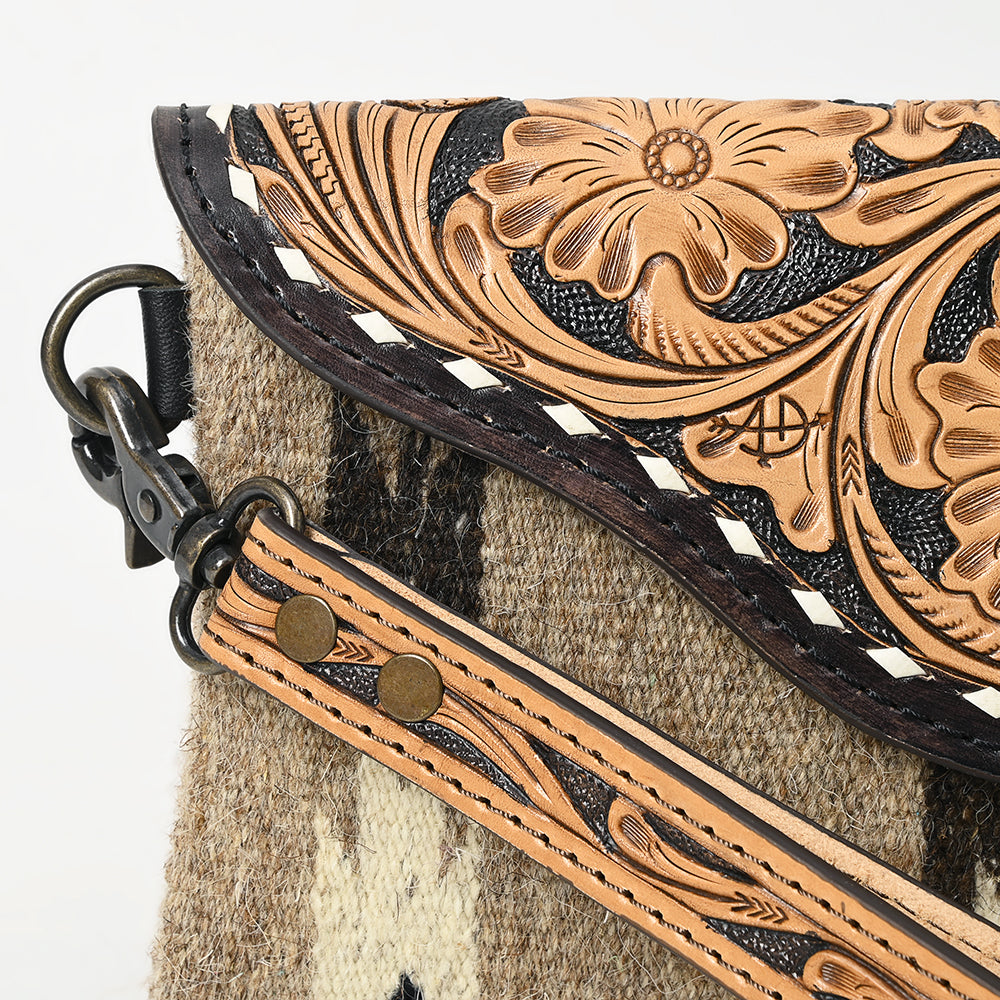 ADBG1477 American Darling Hand Tooled Leather Western Wristlet Bag with Saddle Blanket & Floral Carved Flap