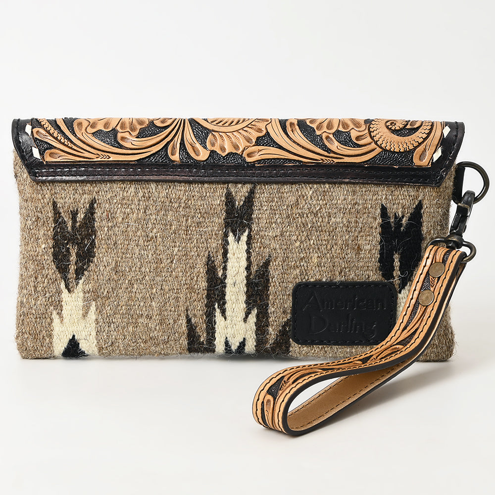 ADBG1477 American Darling Hand Tooled Leather Western Wristlet Bag with Saddle Blanket & Floral Carved Flap