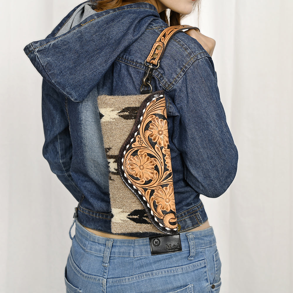 ADBG1477 American Darling Hand Tooled Leather Western Wristlet Bag with Saddle Blanket & Floral Carved Flap