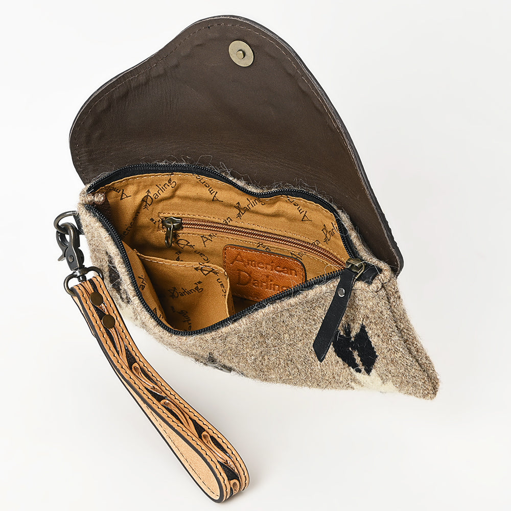 ADBG1477 American Darling Hand Tooled Leather Western Wristlet Bag with Saddle Blanket & Floral Carved Flap