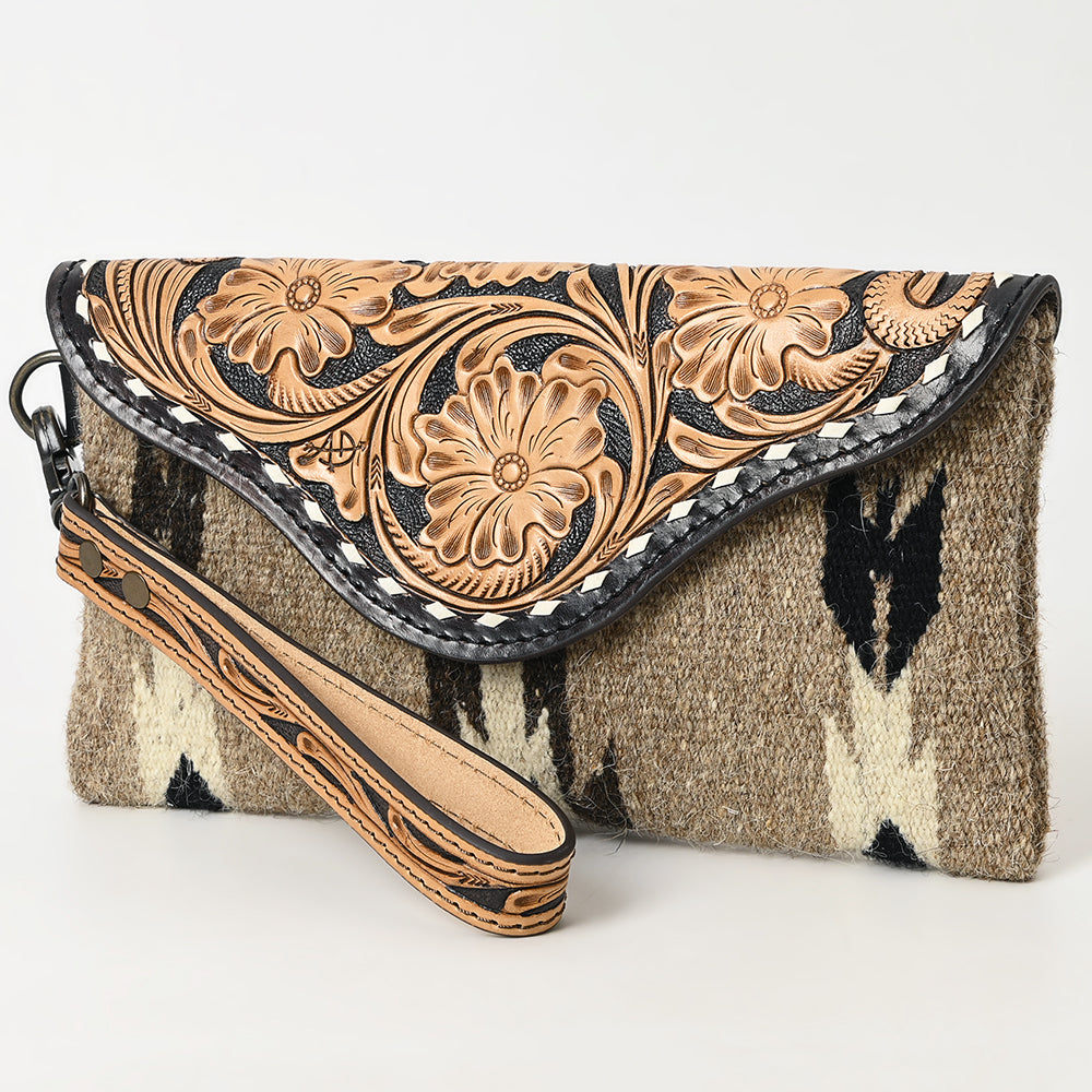 ADBG1477 American Darling Hand Tooled Leather Western Wristlet Bag with Saddle Blanket & Floral Carved Flap