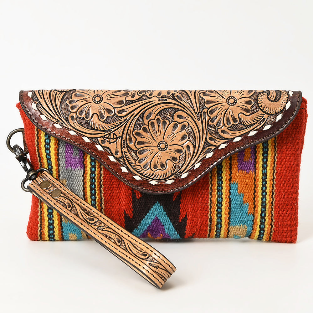 ADBG1477 American Darling Hand Tooled Leather Western Wristlet Bag with Saddle Blanket & Floral Carved Flap