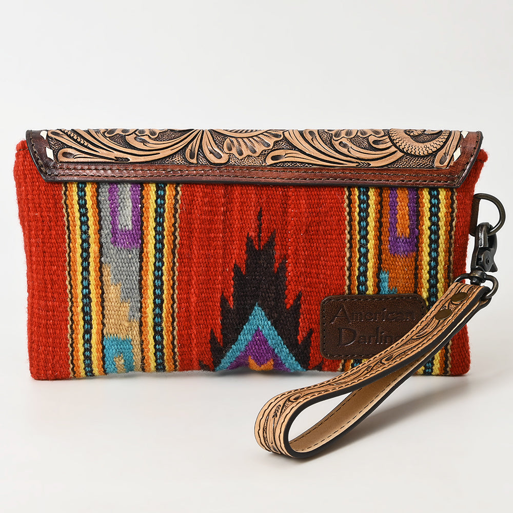 ADBG1477 American Darling Hand Tooled Leather Western Wristlet Bag with Saddle Blanket & Floral Carved Flap