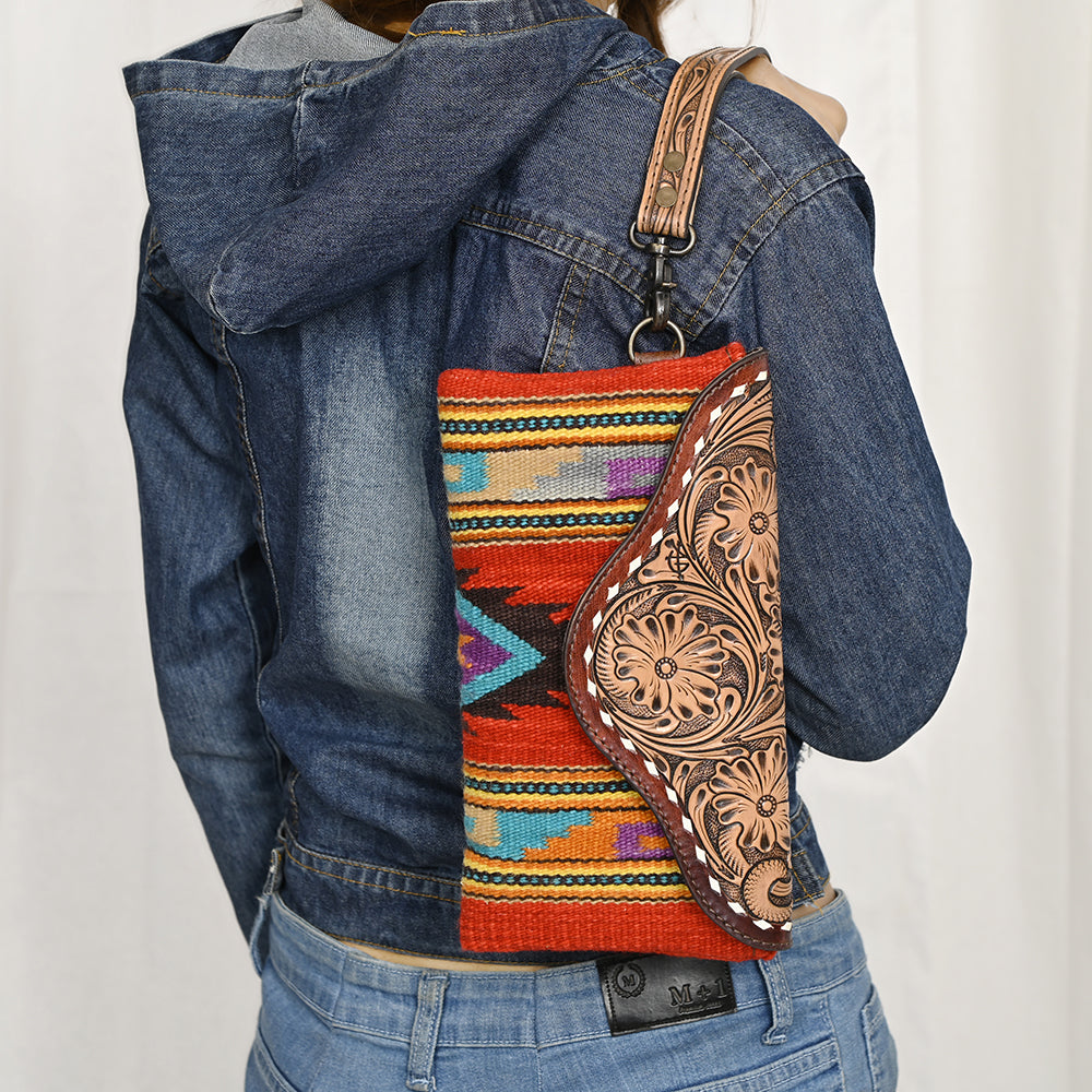 ADBG1477 American Darling Hand Tooled Leather Western Wristlet Bag with Saddle Blanket & Floral Carved Flap