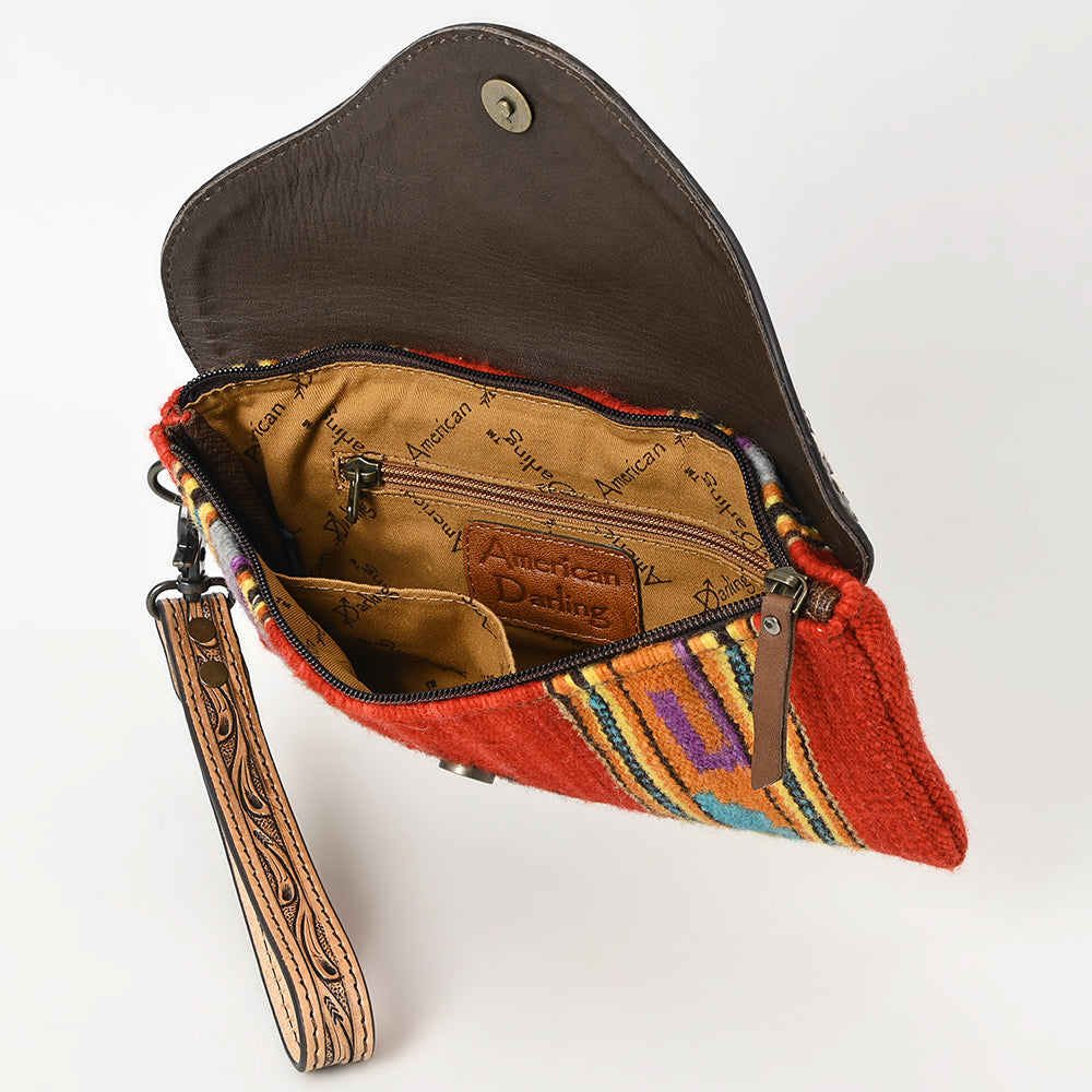 ADBG1477 American Darling Hand Tooled Leather Western Wristlet Bag with Saddle Blanket & Floral Carved Flap