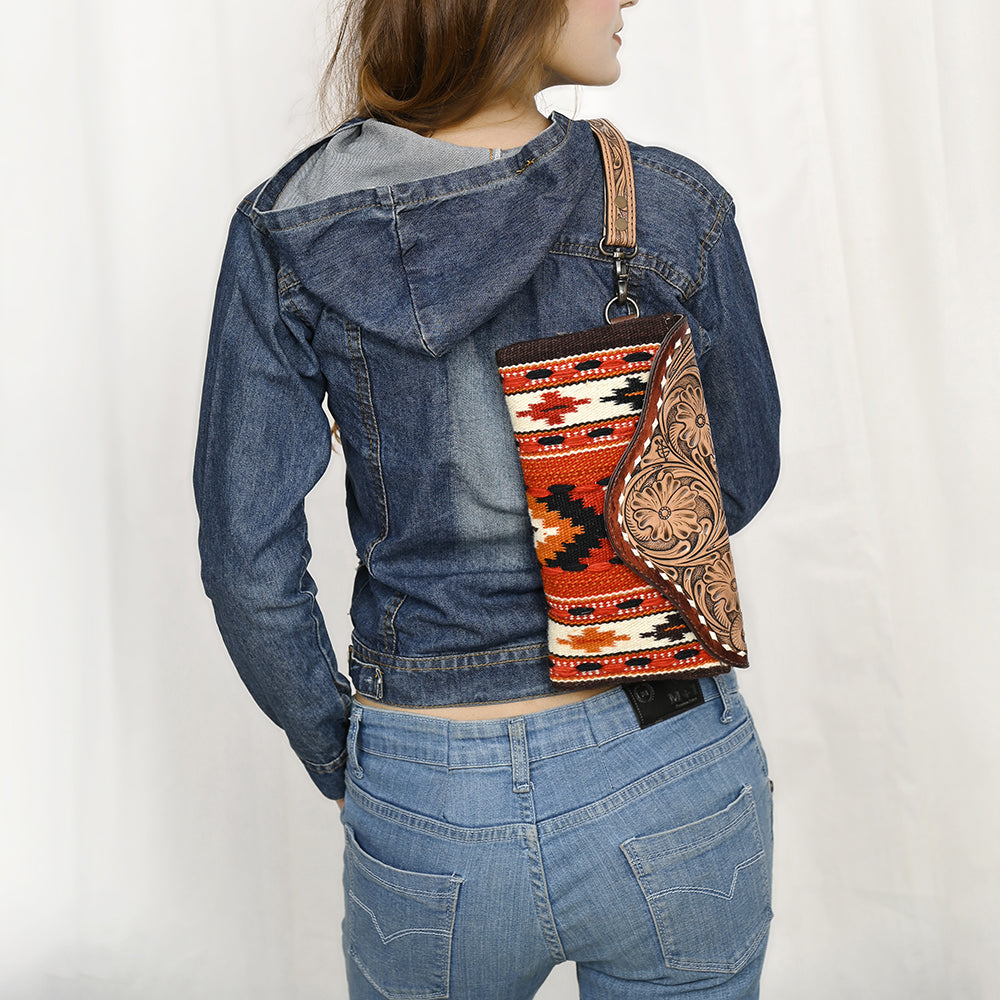 ADBG1477 American Darling Hand Tooled Leather Western Wristlet Bag with Saddle Blanket & Floral Carved Flap