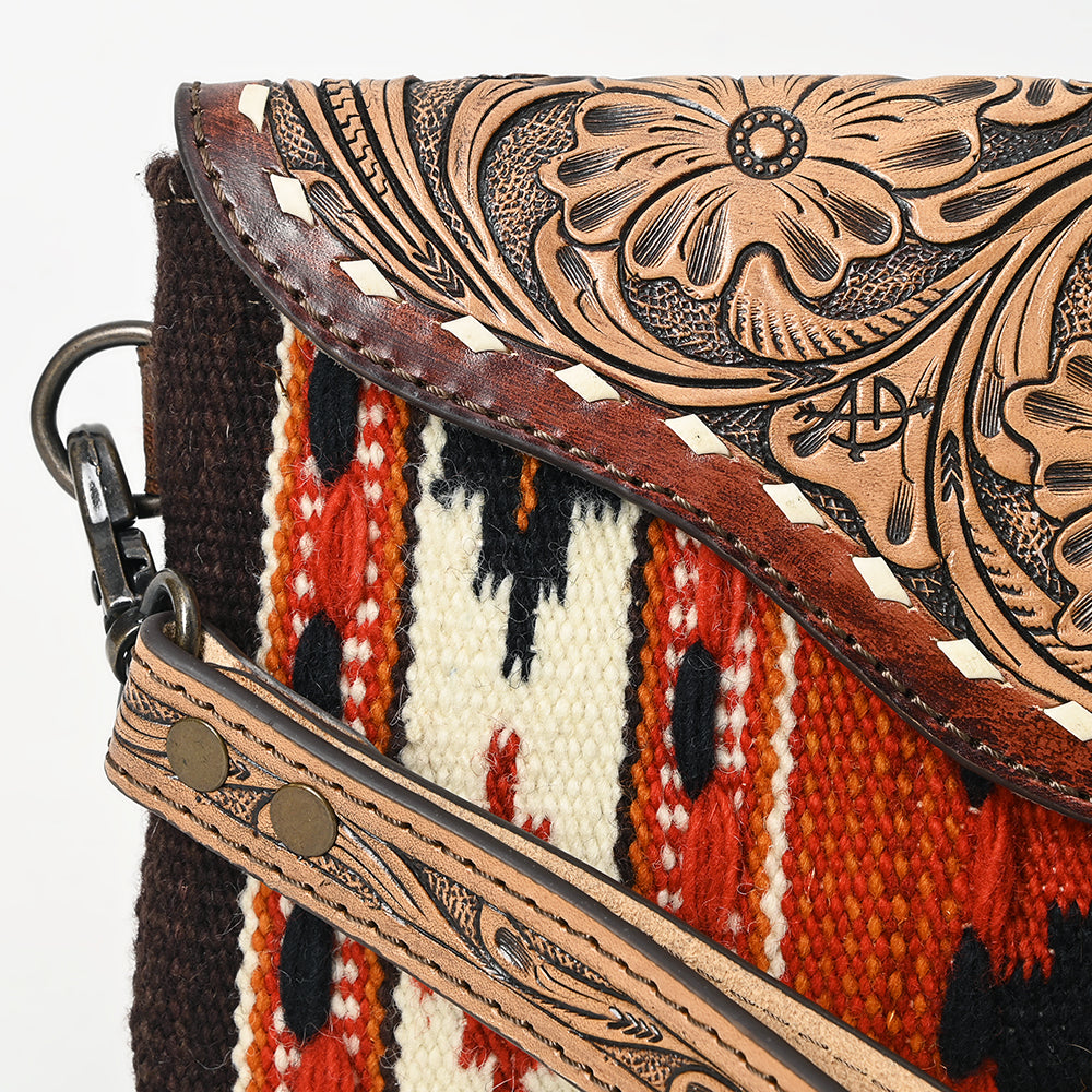 ADBG1477 American Darling Hand Tooled Leather Western Wristlet Bag with Saddle Blanket & Floral Carved Flap