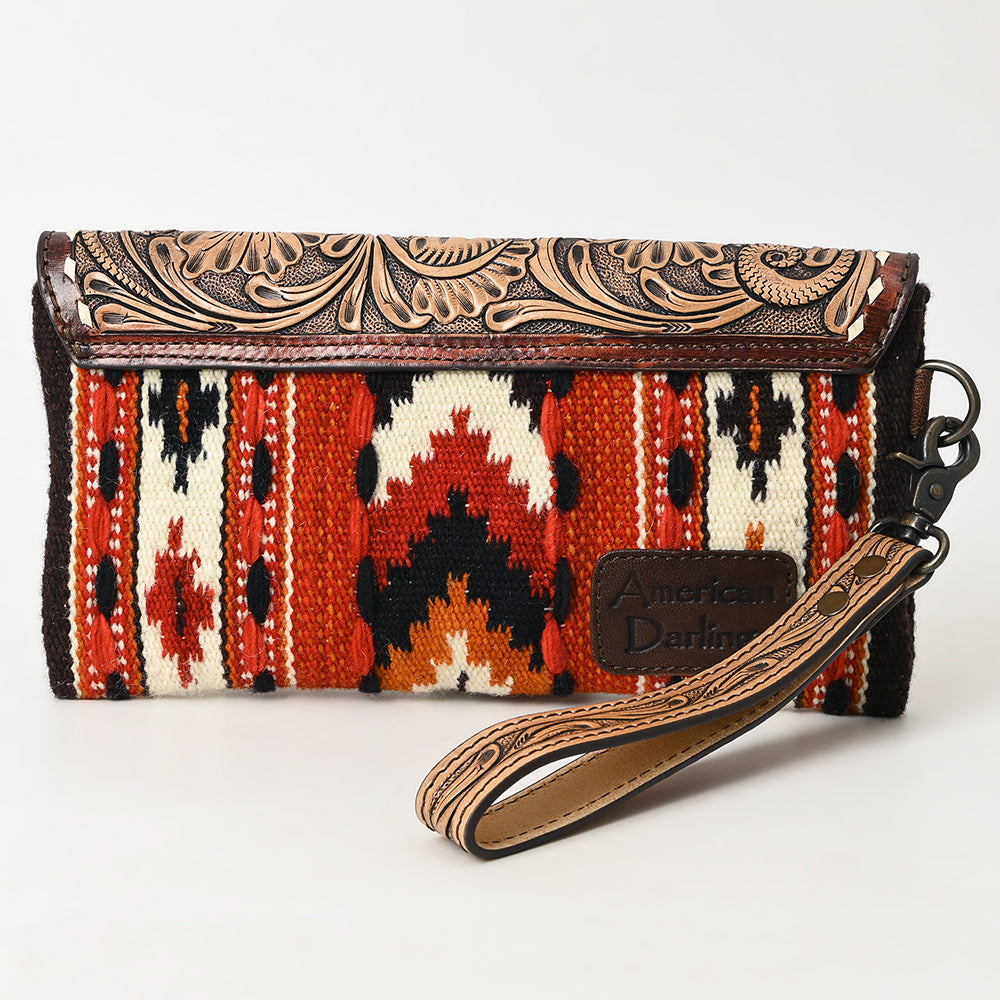 ADBG1477 American Darling Hand Tooled Leather Western Wristlet Bag with Saddle Blanket & Floral Carved Flap