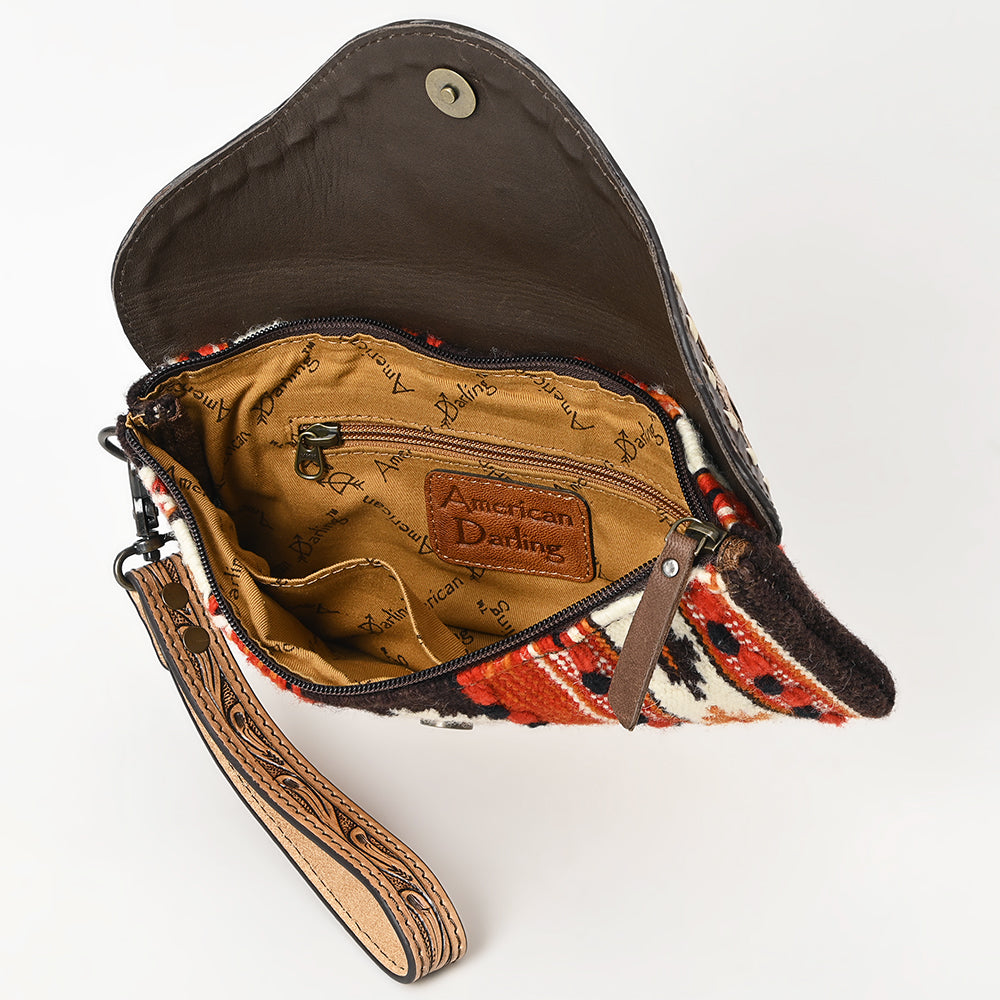 ADBG1477 American Darling Hand Tooled Leather Western Wristlet Bag with Saddle Blanket & Floral Carved Flap