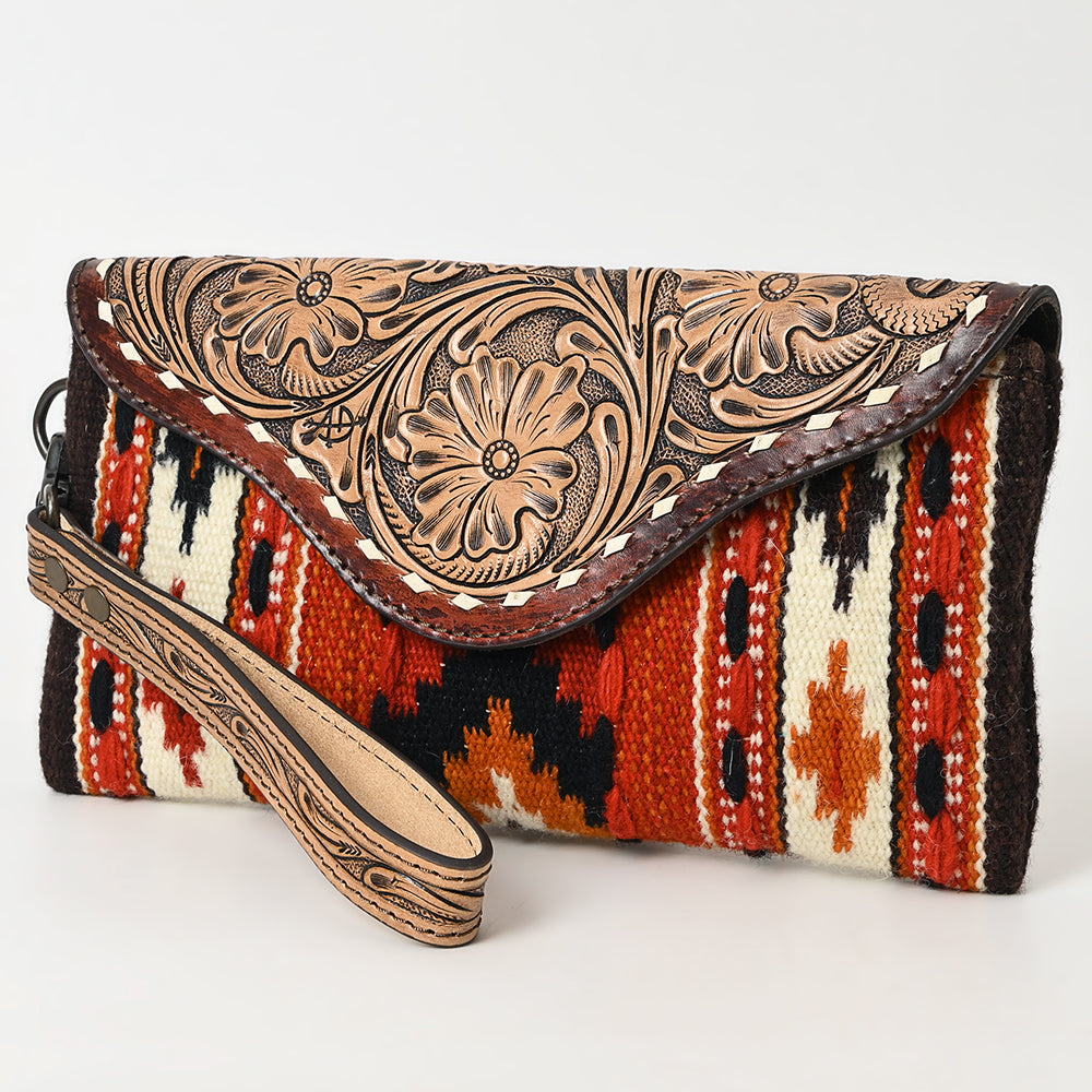 ADBG1477 American Darling Hand Tooled Leather Western Wristlet Bag with Saddle Blanket & Floral Carved Flap