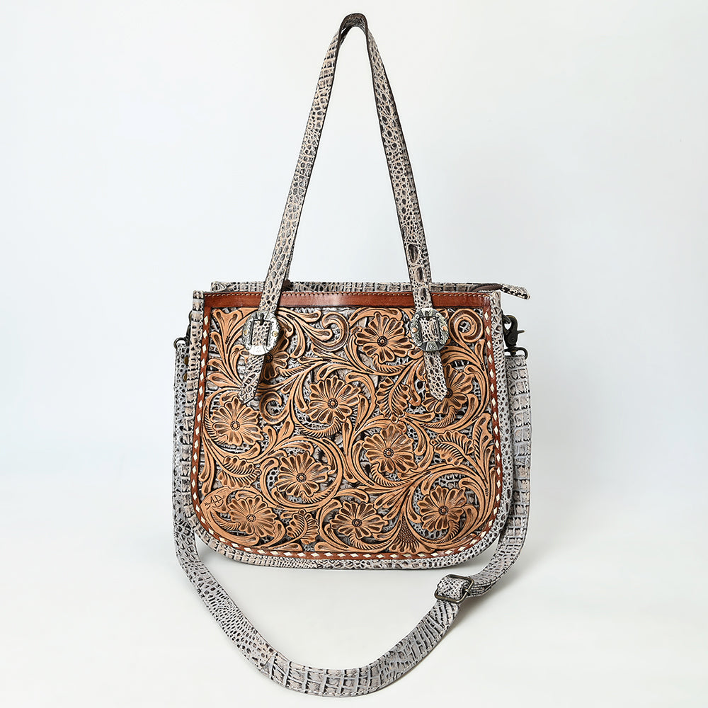 ADBG1478 American Darling Western Genuine Leather Tote Bag with Hand-Tooled Floral Front & Crocodile Embossed Back