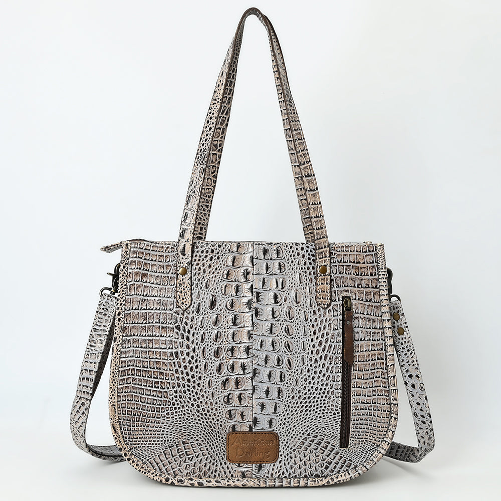 ADBG1478 American Darling Western Genuine Leather Tote Bag with Hand-Tooled Floral Front & Crocodile Embossed Back