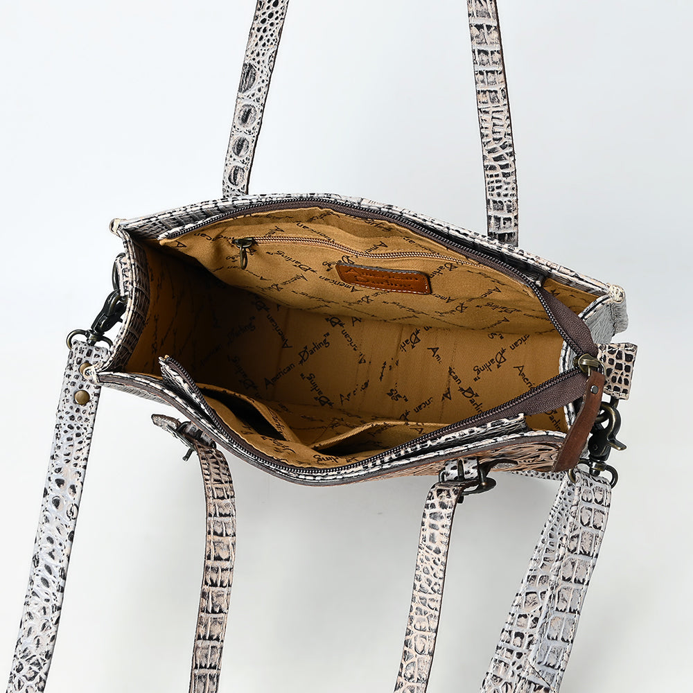 ADBG1478 American Darling Western Genuine Leather Tote Bag with Hand-Tooled Floral Front & Crocodile Embossed Back