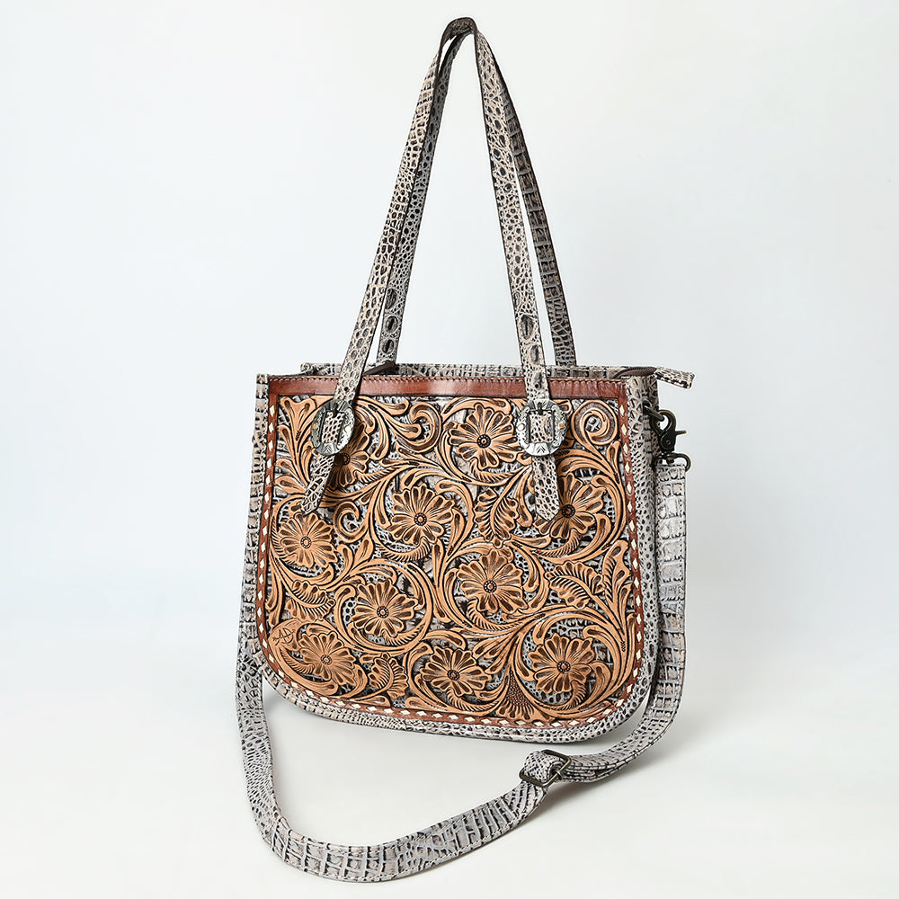 ADBG1478 American Darling Western Genuine Leather Tote Bag with Hand-Tooled Floral Front & Crocodile Embossed Back
