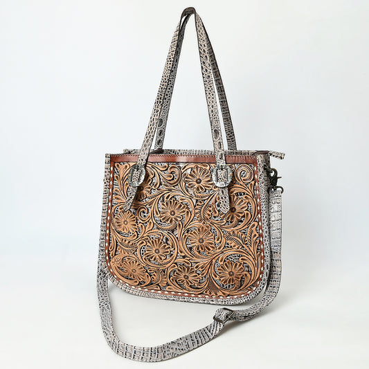 ADBG1478 American Darling Western Genuine Leather Tote Bag with Hand-Tooled Floral Front & Crocodile Embossed Back