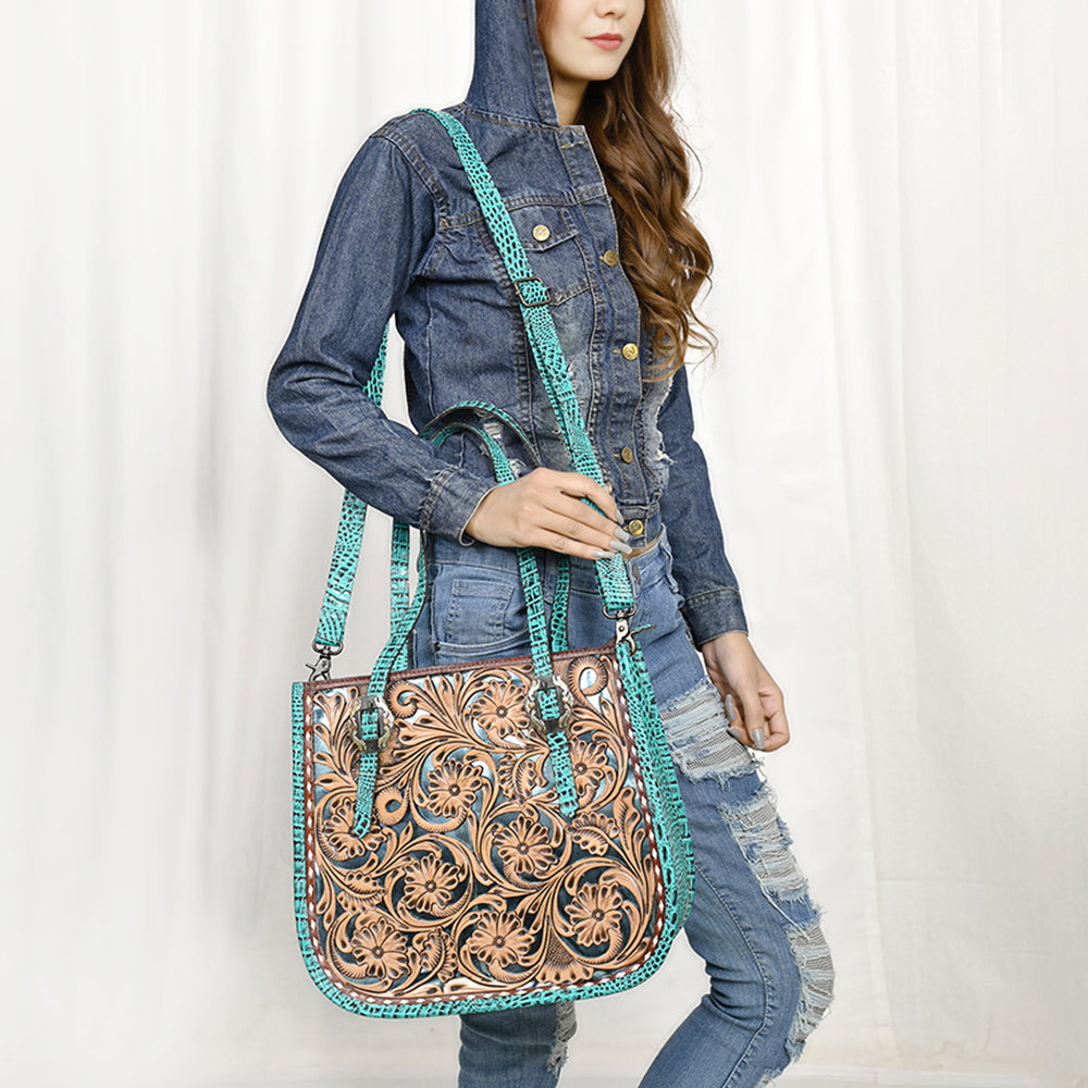 ADBG1478 American Darling Western Genuine Leather Tote Bag with Hand-Tooled Floral Front & Crocodile Embossed Back
