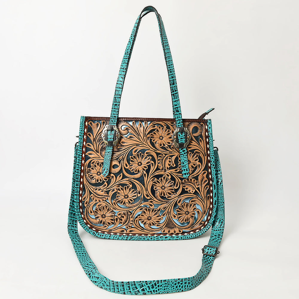 ADBG1478 American Darling Western Genuine Leather Tote Bag with Hand-Tooled Floral Front & Crocodile Embossed Back