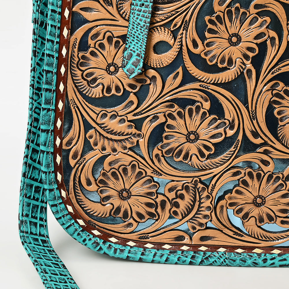 ADBG1478 American Darling Western Genuine Leather Tote Bag with Hand-Tooled Floral Front & Crocodile Embossed Back