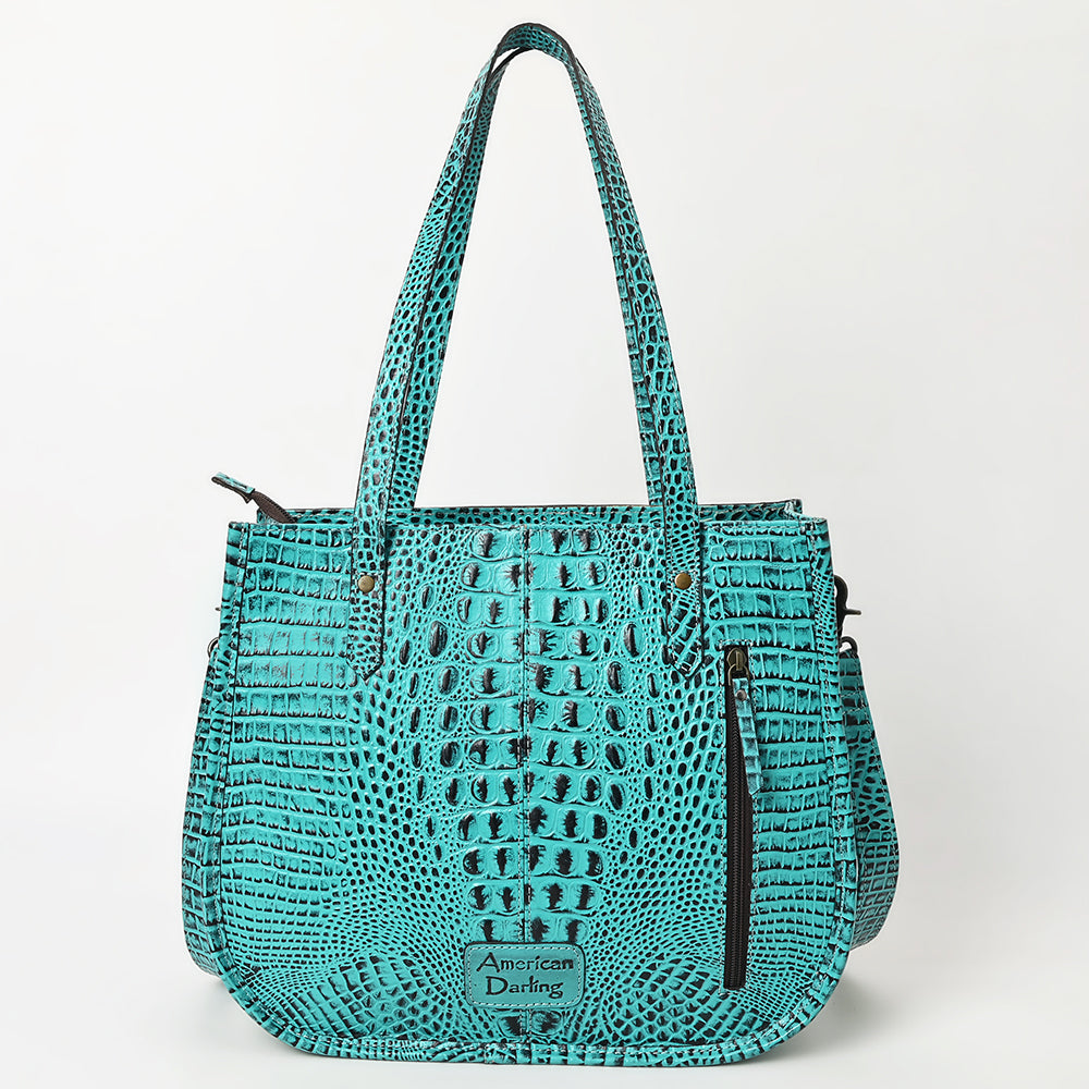 ADBG1478 American Darling Western Genuine Leather Tote Bag with Hand-Tooled Floral Front & Crocodile Embossed Back