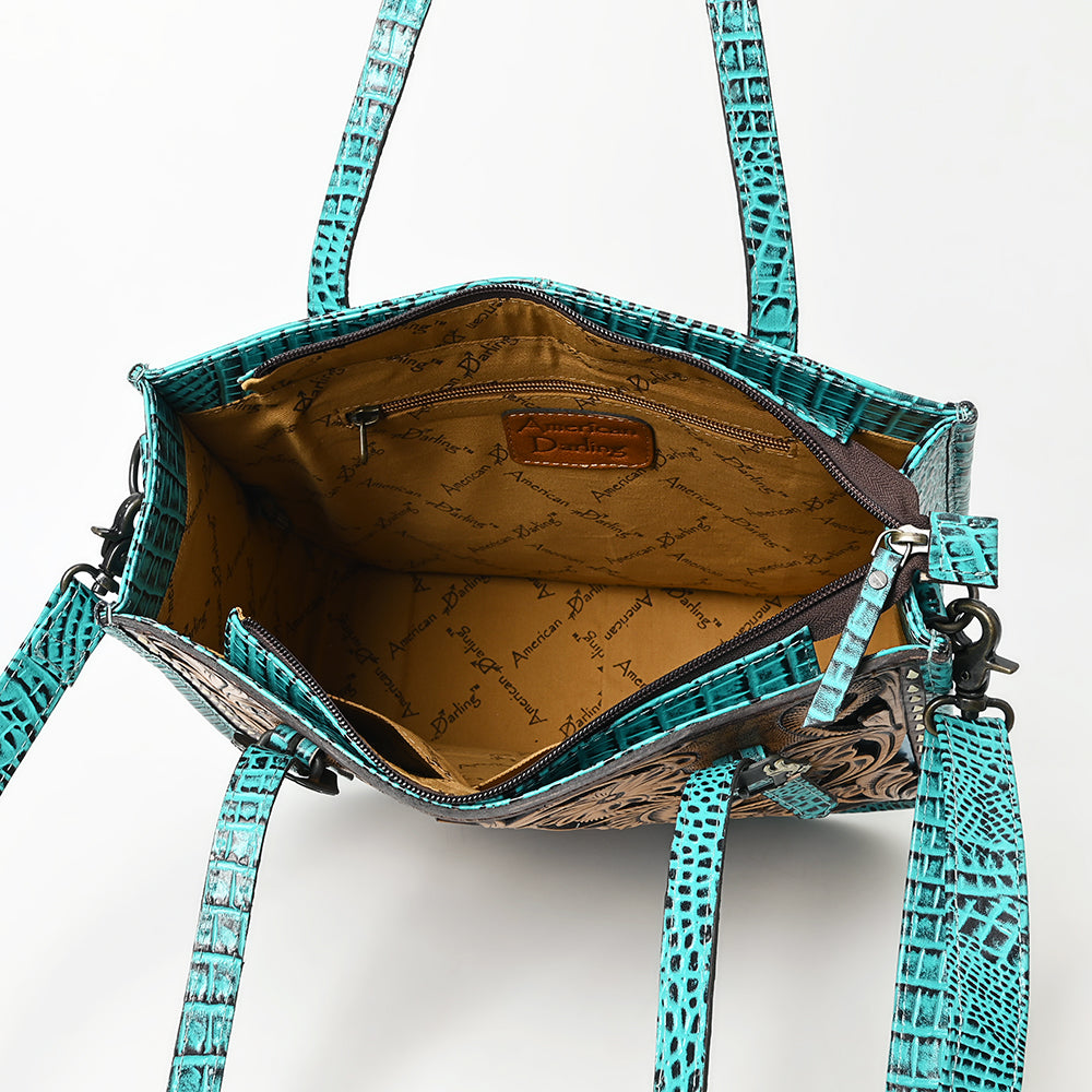 ADBG1478 American Darling Western Genuine Leather Tote Bag with Hand-Tooled Floral Front & Crocodile Embossed Back