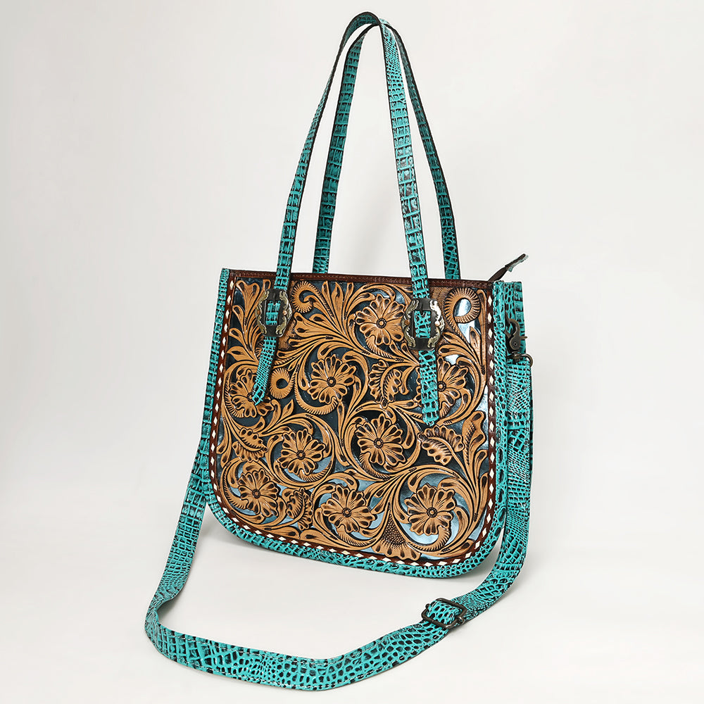 ADBG1478 American Darling Western Genuine Leather Tote Bag with Hand-Tooled Floral Front & Crocodile Embossed Back