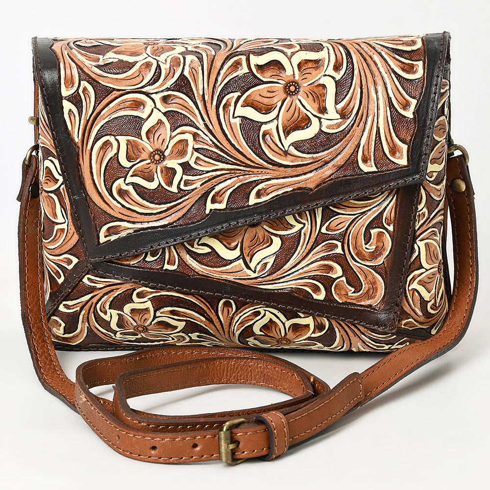 ADBGA560 Hand-Tooled Tri-Flap Leather Western Crossbody Bag Floral Design