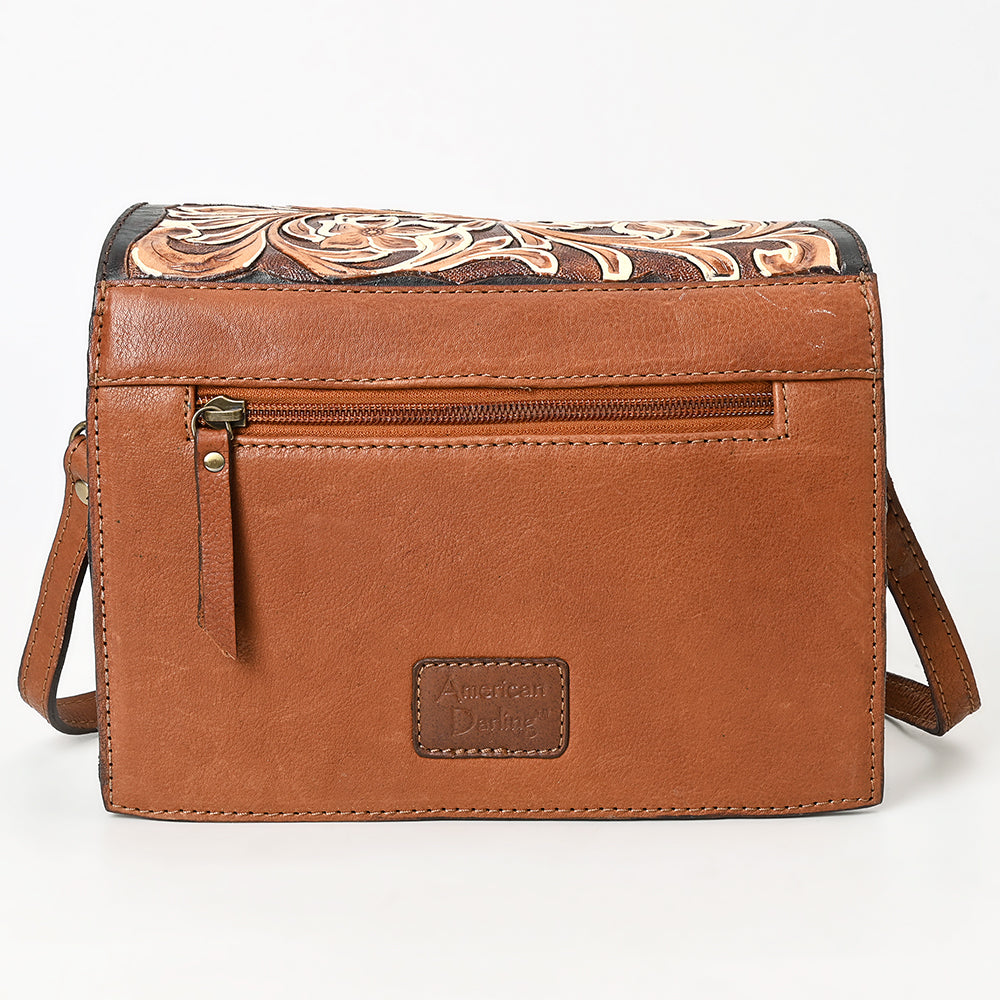 ADBGA560 American Darling Hand-Tooled Tri-Flap Leather Western Crossbody Bag Floral Design