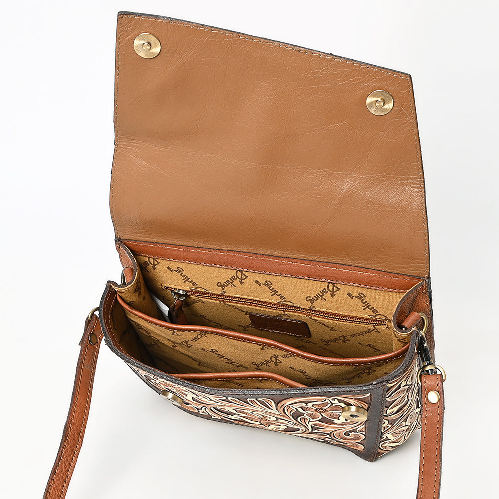 ADBGA560 Hand-Tooled Tri-Flap Leather Western Crossbody Bag Floral Design