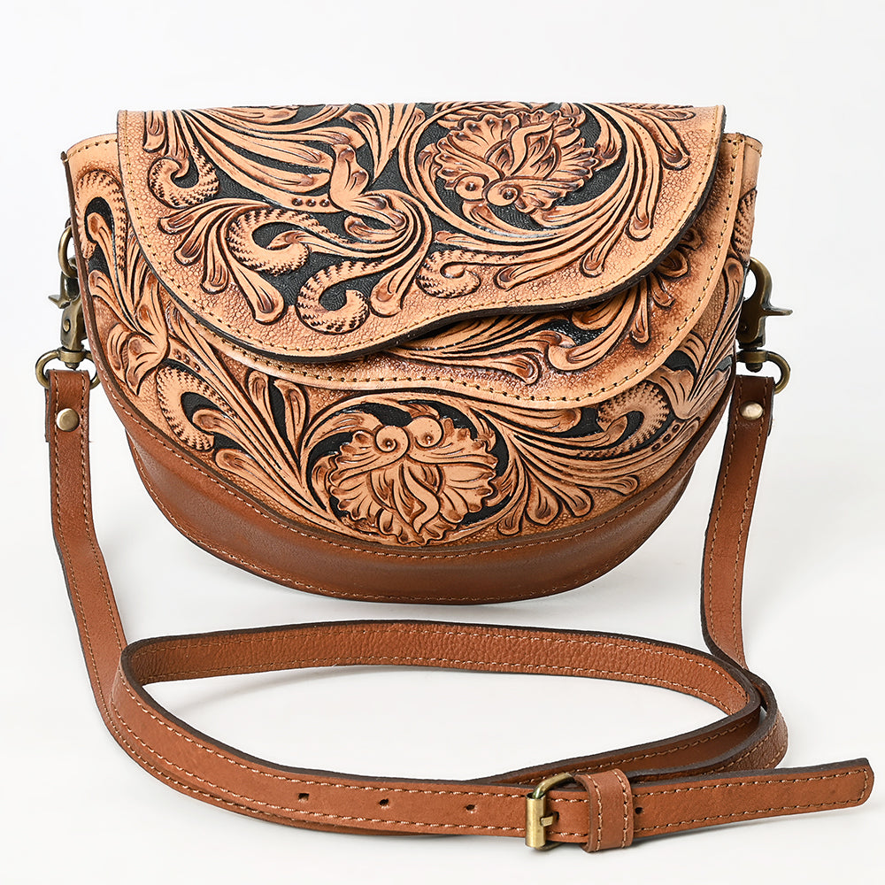 ADBGA561 Hand-Tooled Leather Crossbody Saddle Bag Western Floral Carved Purse