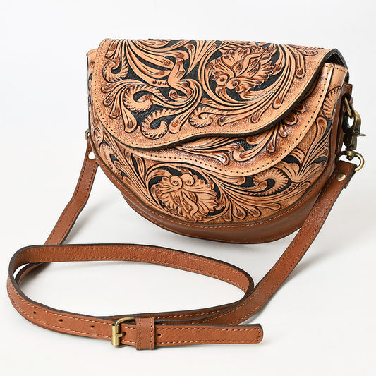ADBGA561 Hand-Tooled Leather Crossbody Saddle Bag Western Floral Carved Purse