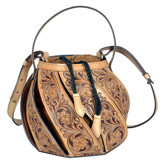 ADBGA562 Hand-Tooled Genuine Leather Western Bucket Bag with Drawstring Closure