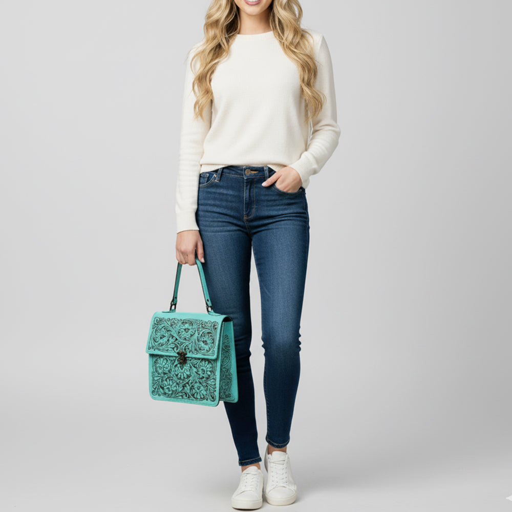 ADBGZ839 Natural Hand-Tooled Leather Briefcase Bag - Western Vintage Organizer