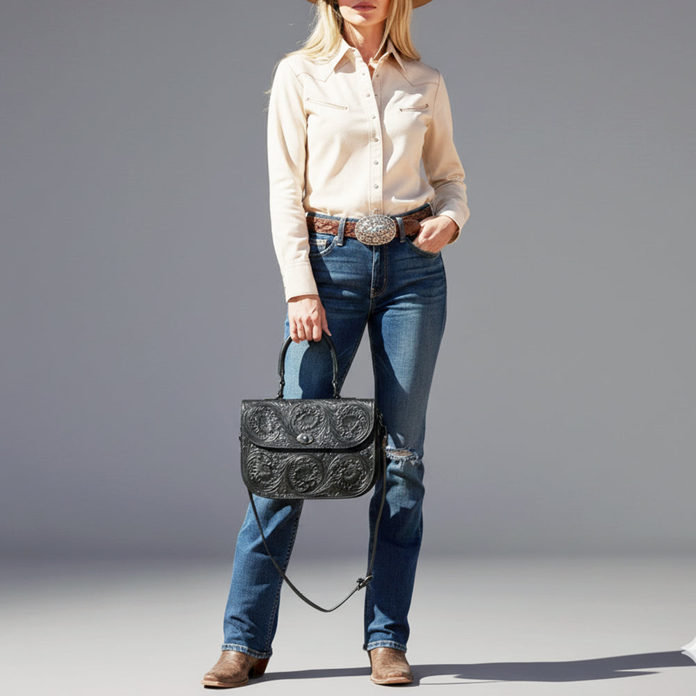 ADBGZ840 Black Hand-Tooled Genuine Leather Western Tote Bag American Darling