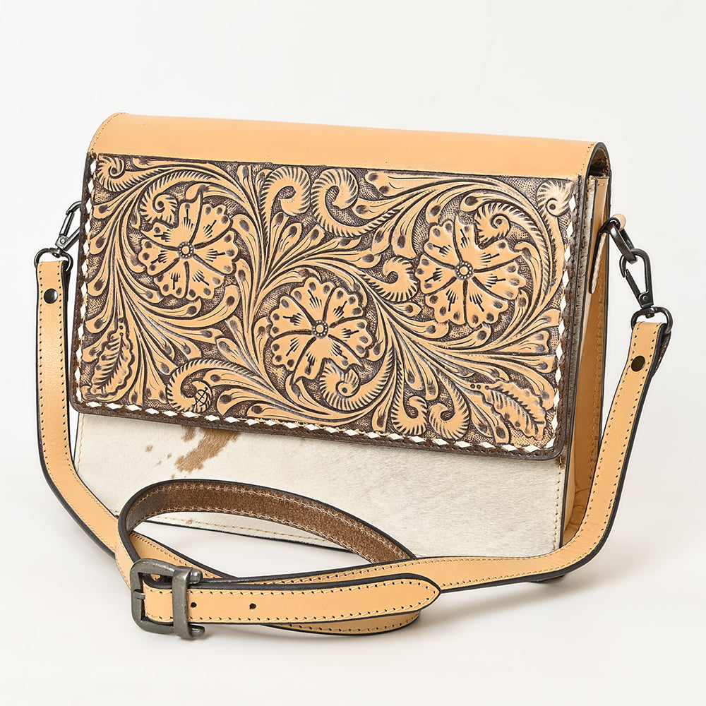 ADBGZ843 Hand-Tooled Leather & White Cowhide Crossbody Bag - American Darling