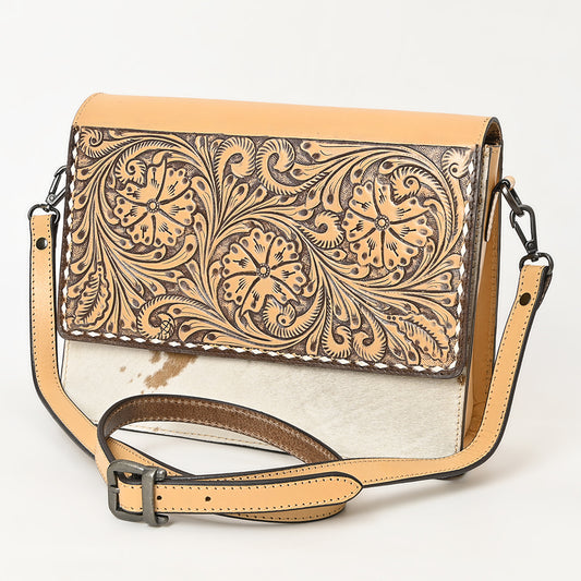 ADBGZ843 Hand-Tooled Leather & White Cowhide Crossbody Bag - American Darling