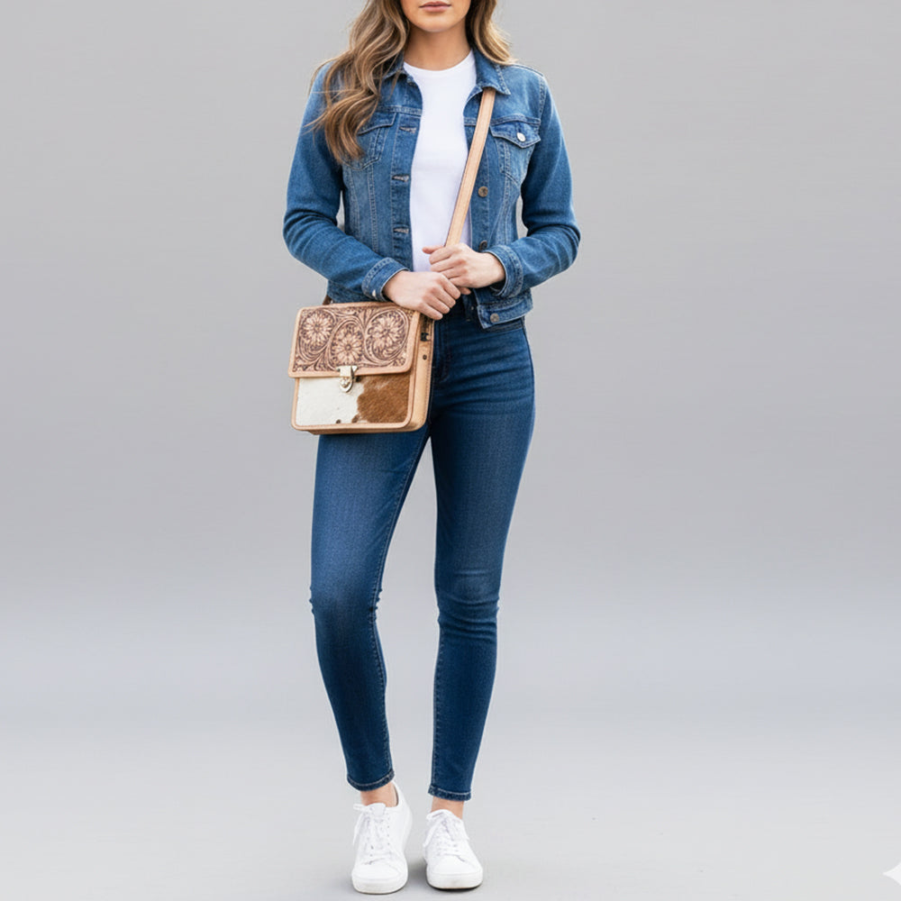 ADBGZ847 Western Cowhide & Hand-Tooled Leather Crossbody Bag American Darling