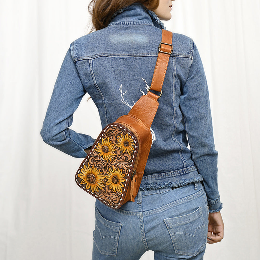 ADBG1481 American Darling Western Leather Sling Bag with Hand-Tooled Floral Carving - Genuine Leather