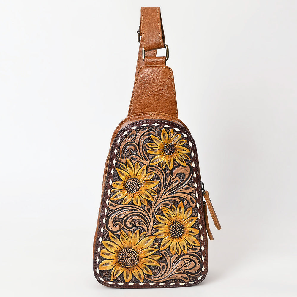 ADBG1481 American Darling Western Leather Sling Bag with Hand-Tooled Floral Carving - Genuine Leather