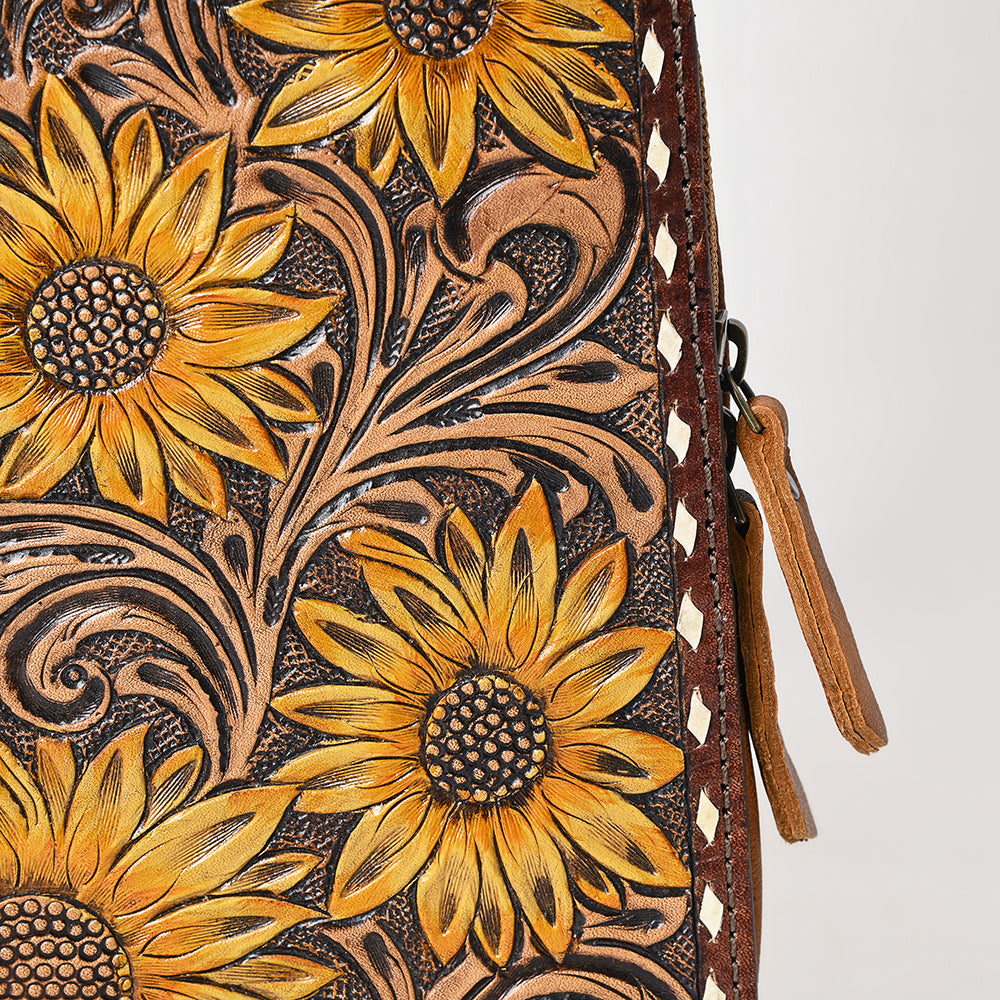 ADBG1481 American Darling Western Leather Sling Bag with Hand-Tooled Floral Carving - Genuine Leather