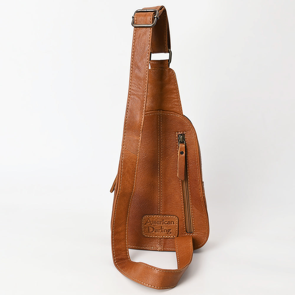 ADBG1481 American Darling Western Leather Sling Bag with Hand-Tooled Floral Carving - Genuine Leather
